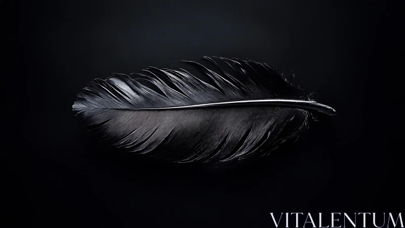 Single black feather on dark background in hard light.