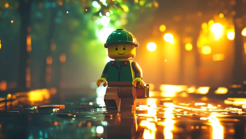 Cheerful toy explorer strolling through a glowing city evening.