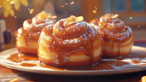 Caramel glazed cinnamon rolls on plate in warm light.