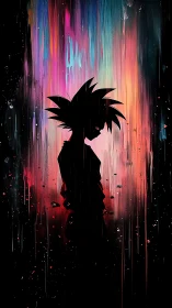 Silhouetted spiky haired figure against dripping color field.