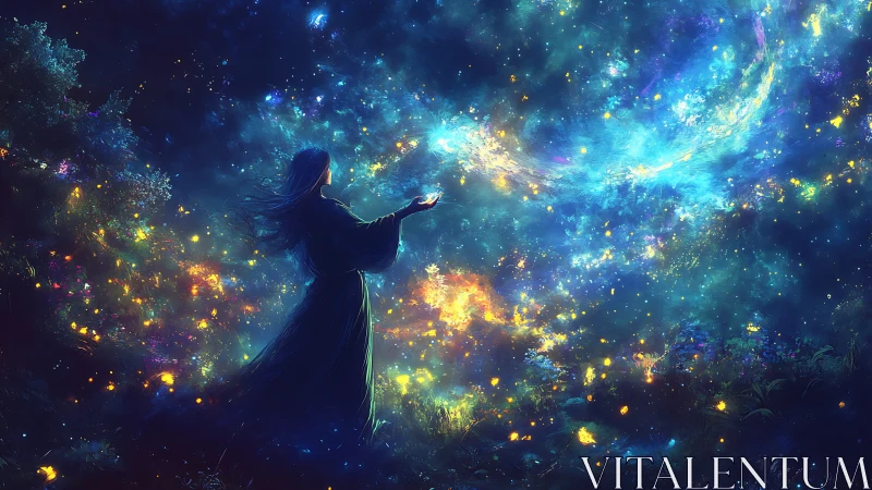 Silhouette woman reaches toward dense glowing cosmic sky field