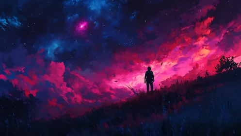Silhouette watching vivid pink and blue cosmic night sky.