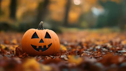 Jack-o-lantern rests on autumn leaves in shallow depth-of-field