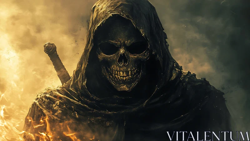 Hooded skeletal warrior stands in flames with sword drawn