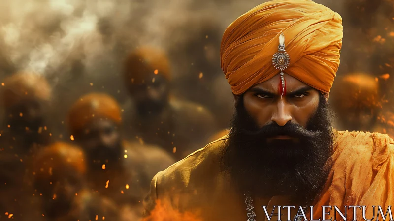 Turbaned warrior stares forward amid blurred armed figures