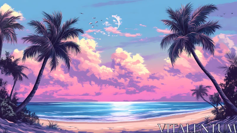 Sunset palm beach glowing with soft pastel ocean light.