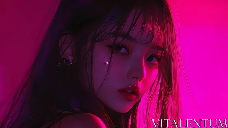 Neon-lit digital portrait of young woman in profile view.