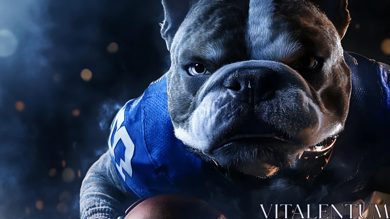 Hyperreal bulldog quarterback in blue jersey gripping football
