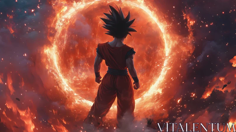 Spiky haired fighter stands before fiery circular energy field