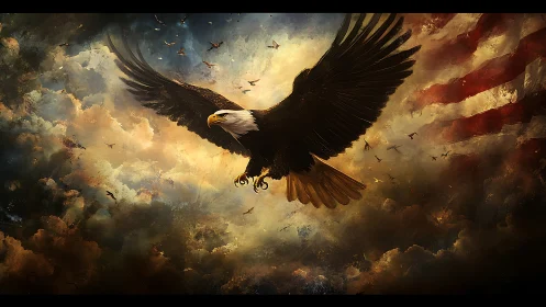 Majestic Bald Eagle Soaring in Dramatic Skies, Digital Art Style.