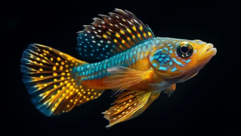 Vibrant tropical fish glows against deep black background.