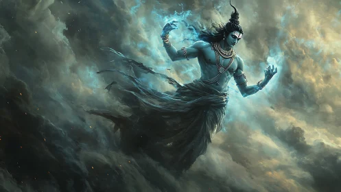 Blue-skinned deity figure rendered within storm clouds.