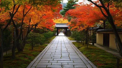 Peaceful garden path framed by glowing autumn maple trees.