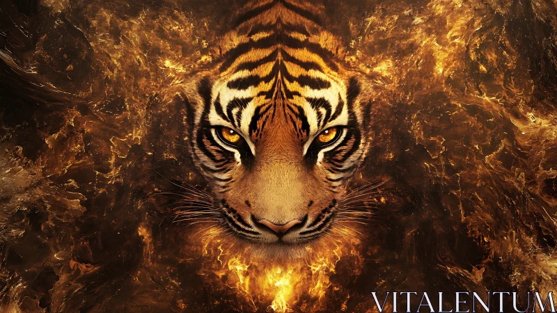 Tiger emerges from molten flames in fierce, golden focus