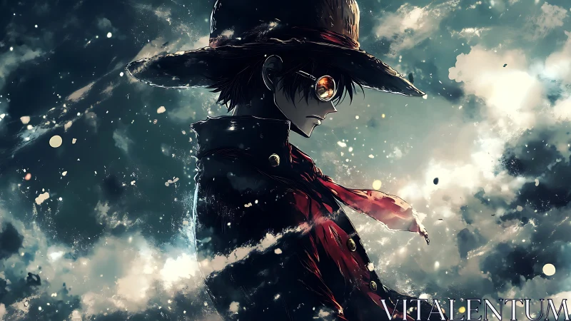 Storm-lit anime wanderer in red coat and wide hat silhouette.