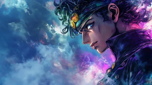 Starlit rebel gazes through storm-lit cosmic clouds.