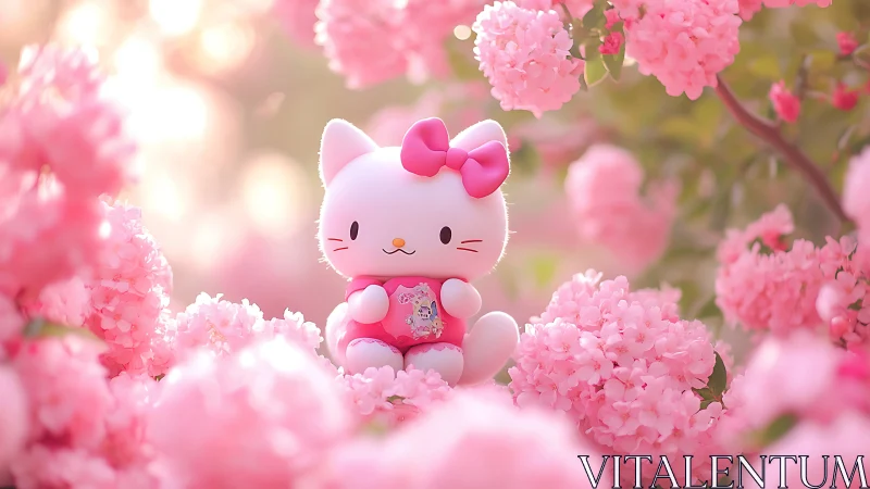 Pink bow kitten toy nestled in dreamy spring blossoms.