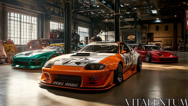 Widebody drift cars lined inside industrial tuning garage.