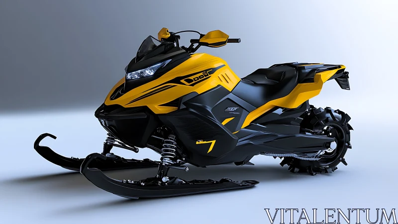Solar-flare snowmobile prowls sleek studio winter light.