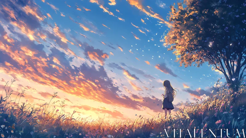 Quiet meadow sunset with a daydreaming girl beneath a tree.