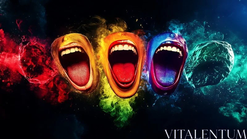 Four stylized screaming mouths emerge from colored smoke