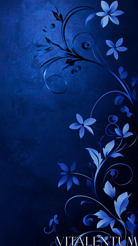 Blue Floral Ornamental Composition Featuring Decorative Botanical Vine Motifs
