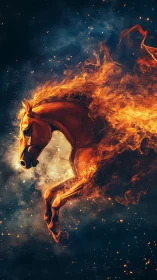 Fiery celestial horse gallops through dark cosmic void.