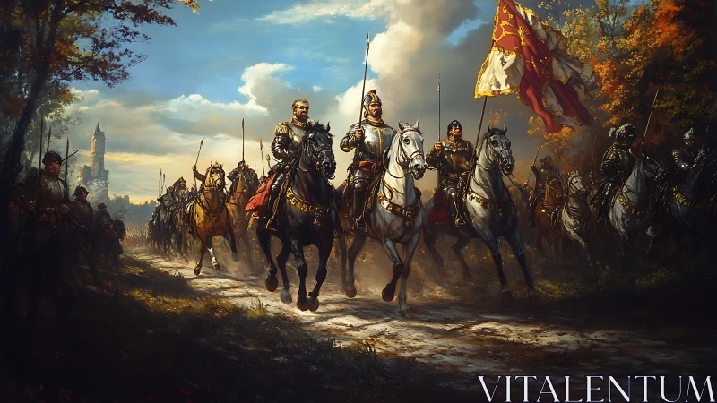 Gallant medieval knights ride toward a sunlit autumn horizon