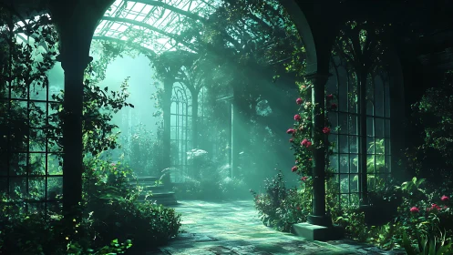 Sunlit glasshouse corridor renders ethereal volumetric botanics