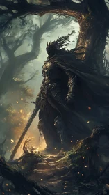 Armored forest sentinel stands watch in enchanted twilight.