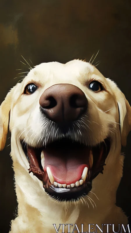 Joyful close-up of a smiling golden dog in soft light.