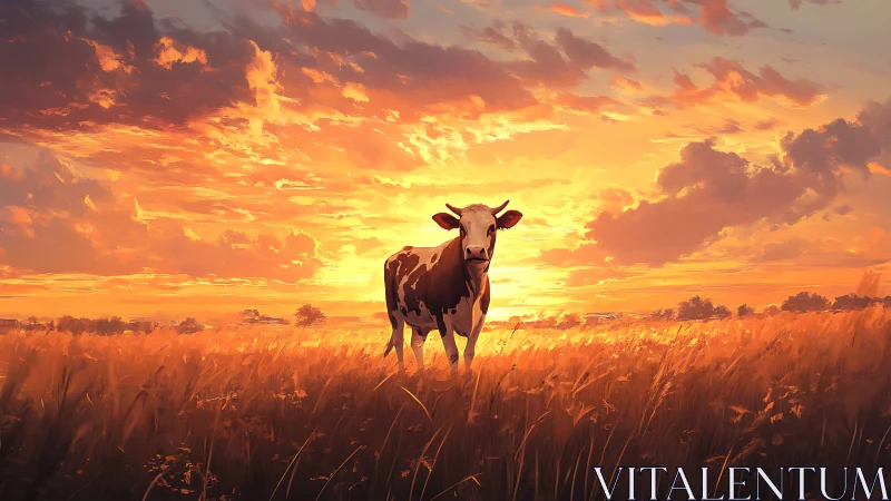 Golden meadow sunset with a quietly curious cow at rest.