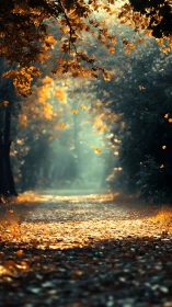 Autumn Passage: Luminous Path Through Golden Canopy.