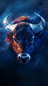 High-contrast neon buffalo portrait in dual fire and ice tones