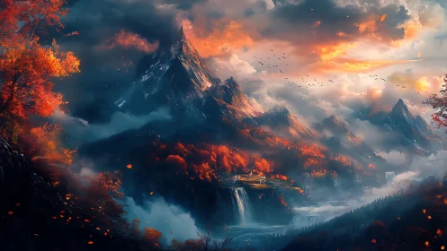 Fiery autumn mountains encircle a hidden waterfall sanctuary.