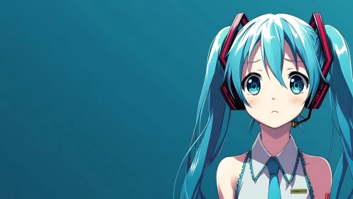 Blue-haired anime girl with headset shows quiet concern.