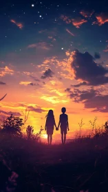Two figures holding hands observing sunset over field.