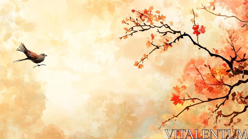 Bird in flight near autumn tree branch on pale sky.