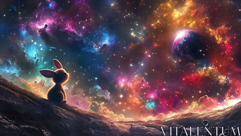 Cartoon rabbit on rocky ridge under vivid cosmic nebula.