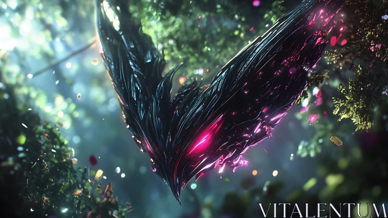 Bioluminescent obsidian wing core suspended in verdant canopy.