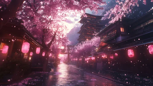 Cherry blossom street illuminates traditional pagoda at dusk