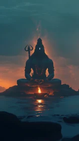 Serene blue deity amid dusk fireglow over still waters.