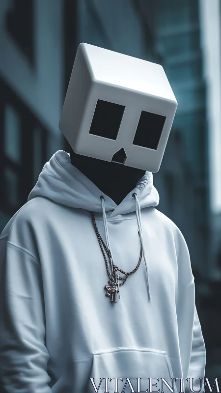 Geometric cube-headed figure in urban hoodie portrait shot.
