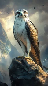 Raptor perched on rock in mountainous atmospheric landscape.