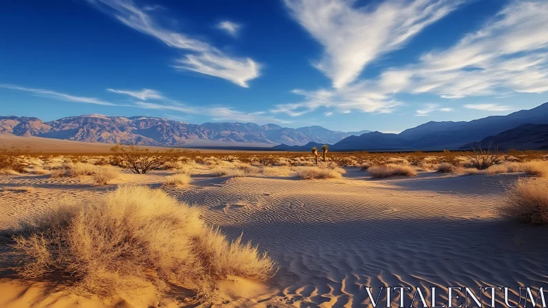 Sunlit desert dunes glow beneath sweeping mountain skies