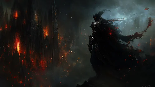 Shadow warlord listens to a burning gothic city breathe