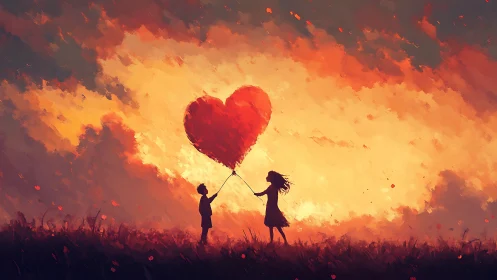 Silhouetted Figures Ascending Heart-Shaped Balloon Through Chromatic Sky.