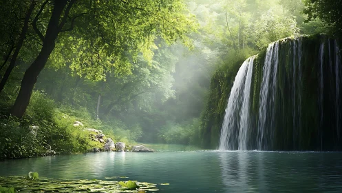 Emerald forest waterfall pours into misty turquoise pool.