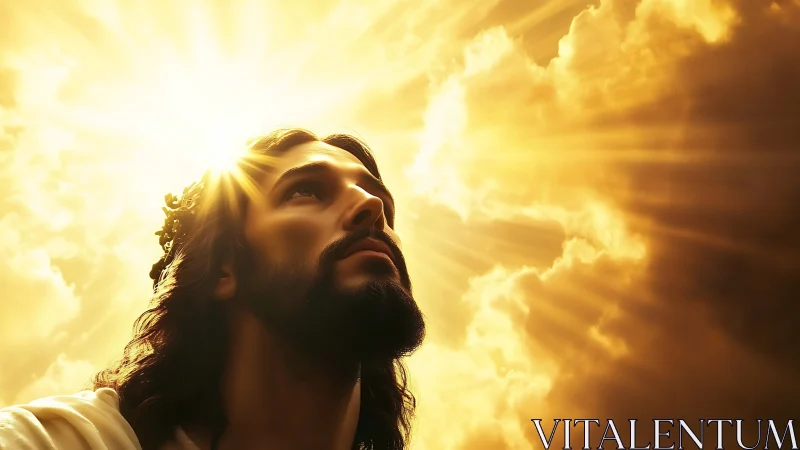 Golden light pours over a hopeful face turned to the sky