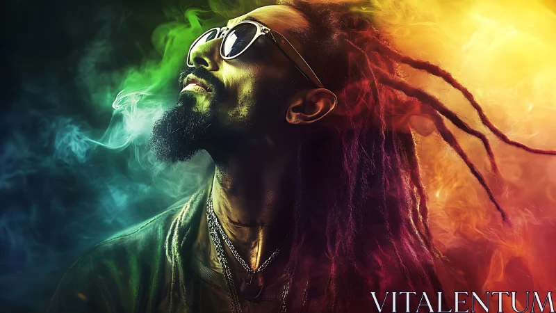 Vibrant dreadlocked portrait in swirling neon smoke haze.
